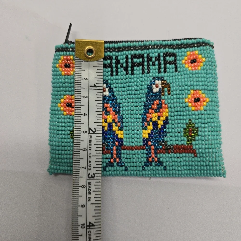 Panama Beaded Coin Purse Teal Blue Parrot Bird Seed Bead Zipper Pouch Wallet